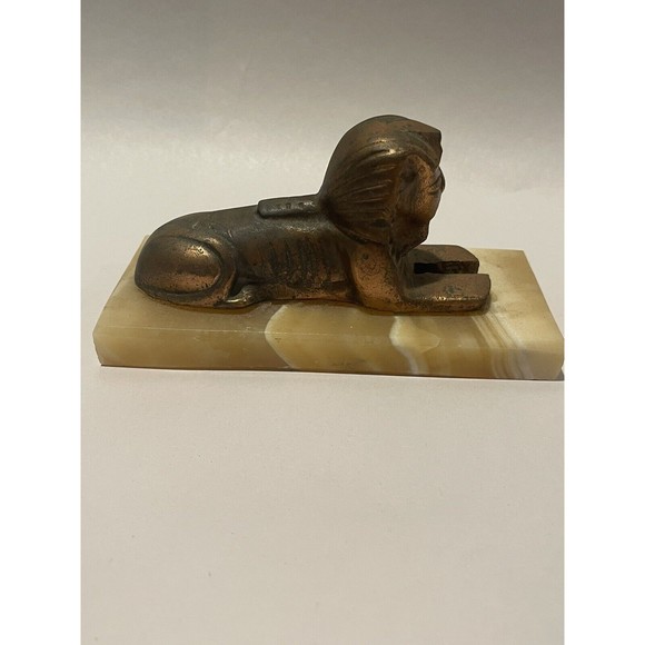 Sphinx Vintage Decoration Egyptian Pharaoh Brass Folk Statue Figurine On Marble - Picture 6 of 12